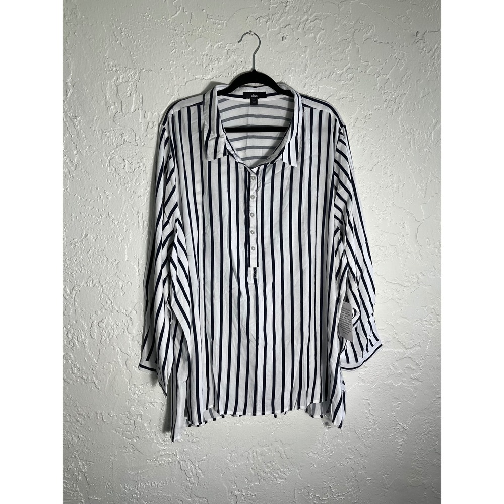 Ellos Size 34 Navy White Striped Oversized Tunic Blouse 100% Rayon